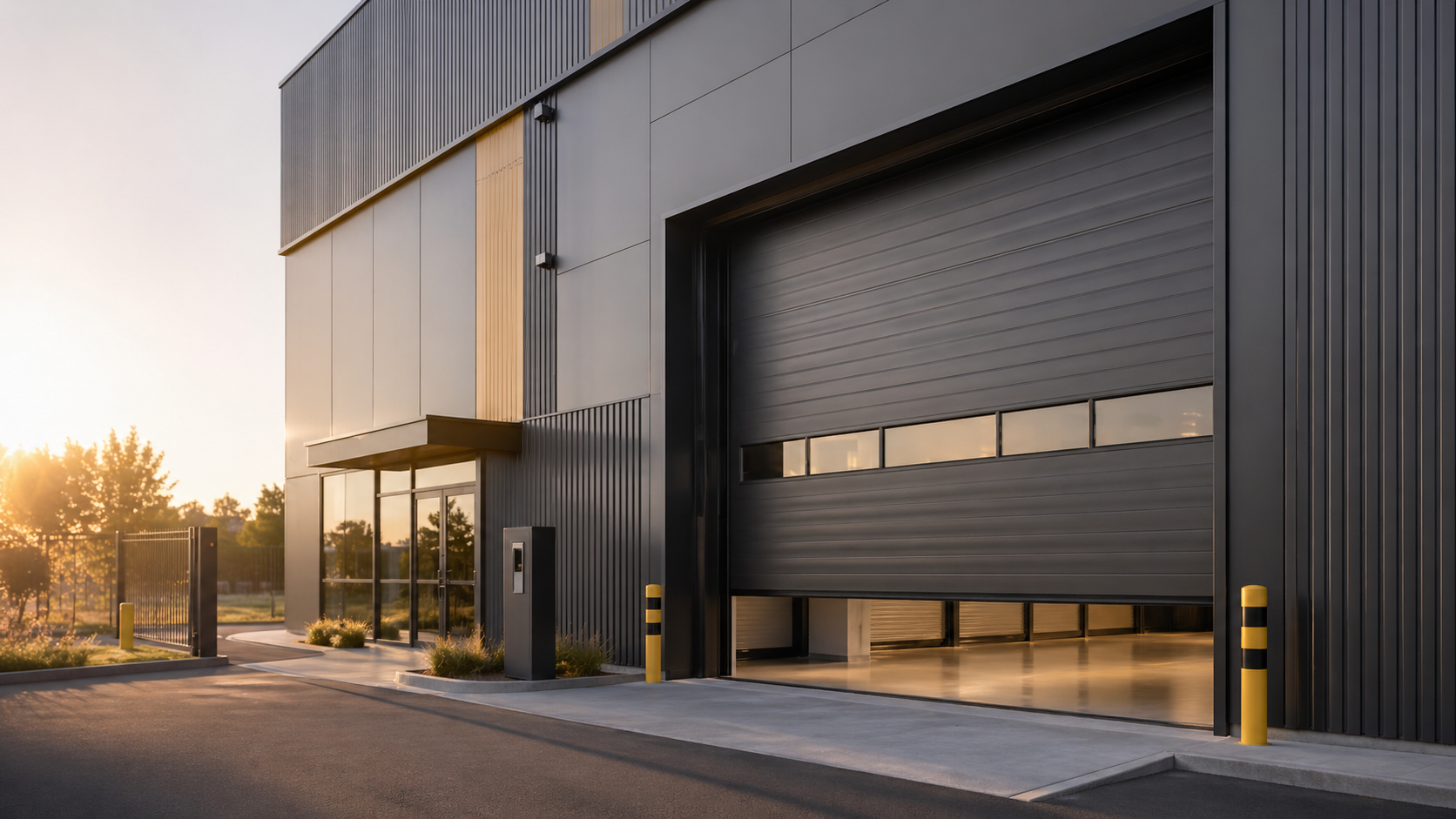 Bâtiment industriel moderne avec porte sectionnelle professionnelle